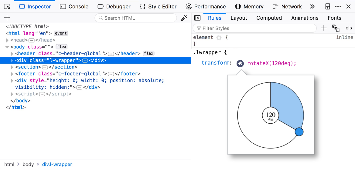 Preview tooltip illustrating the value of a CSS transform property.
