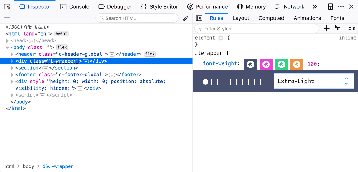 Multiple editors for the same CSS property provided as DevTools extensions.