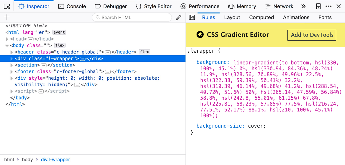DevTools recommending an extension for editing a CSS gradient property.